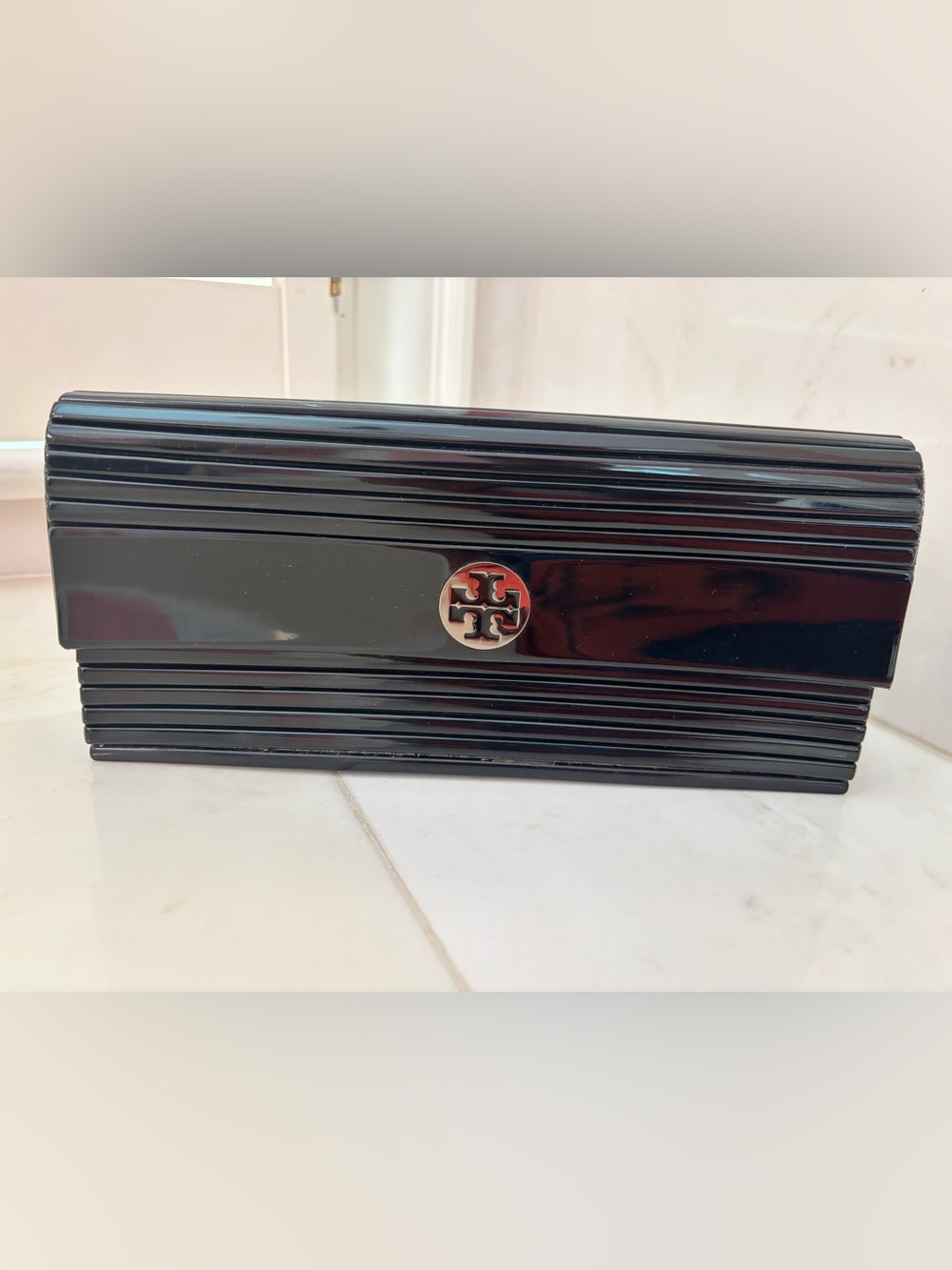 Tory Burch Black Ribbed Clutch with Logo Medallion
